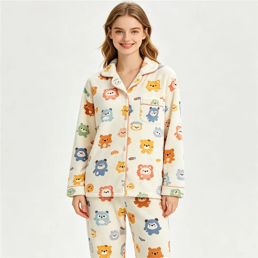 printed plush pajama sets - cozy fleece loungewear with cute cartoon print